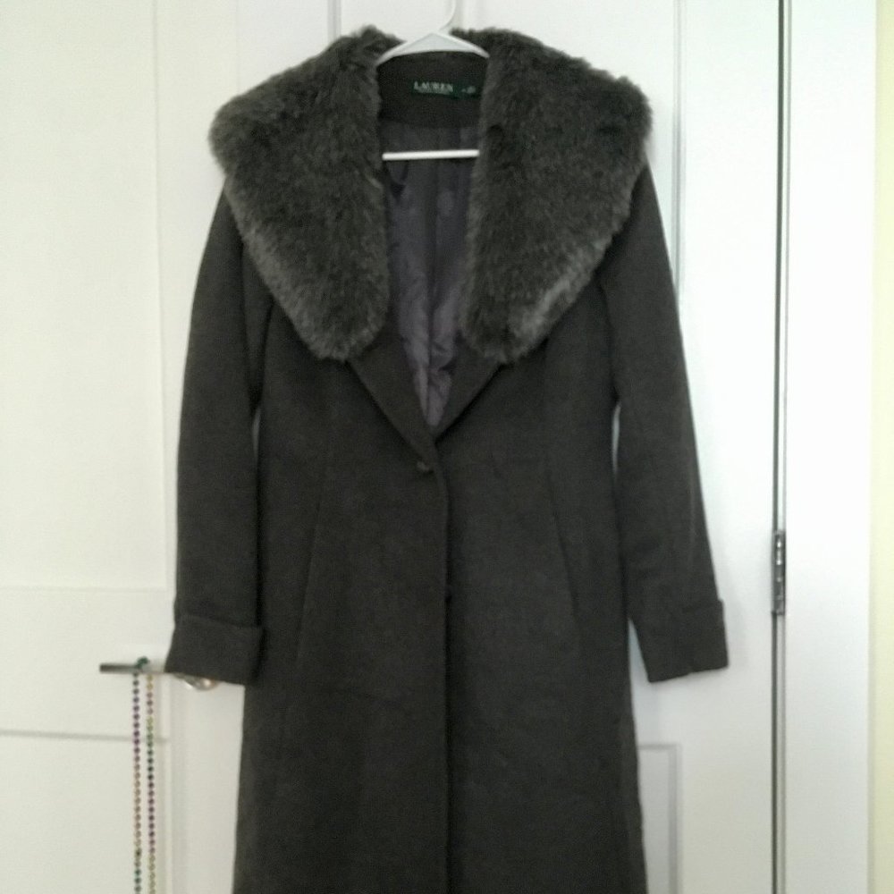 ralph lauren wool blend winter coat w faux fur collar